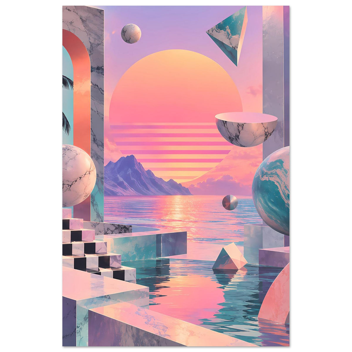 Vertikales Surreal-Poster mit Sonnenkreis, Meer, schwebender Kugel und Würfeloptik