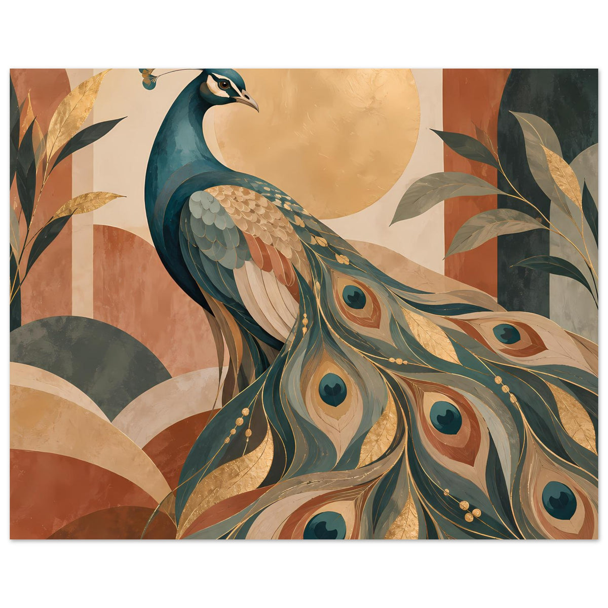Pfau-Poster mit blaugrünem Pfau und leuchtenden Pfauenaugen, goldene Akzente im Muster