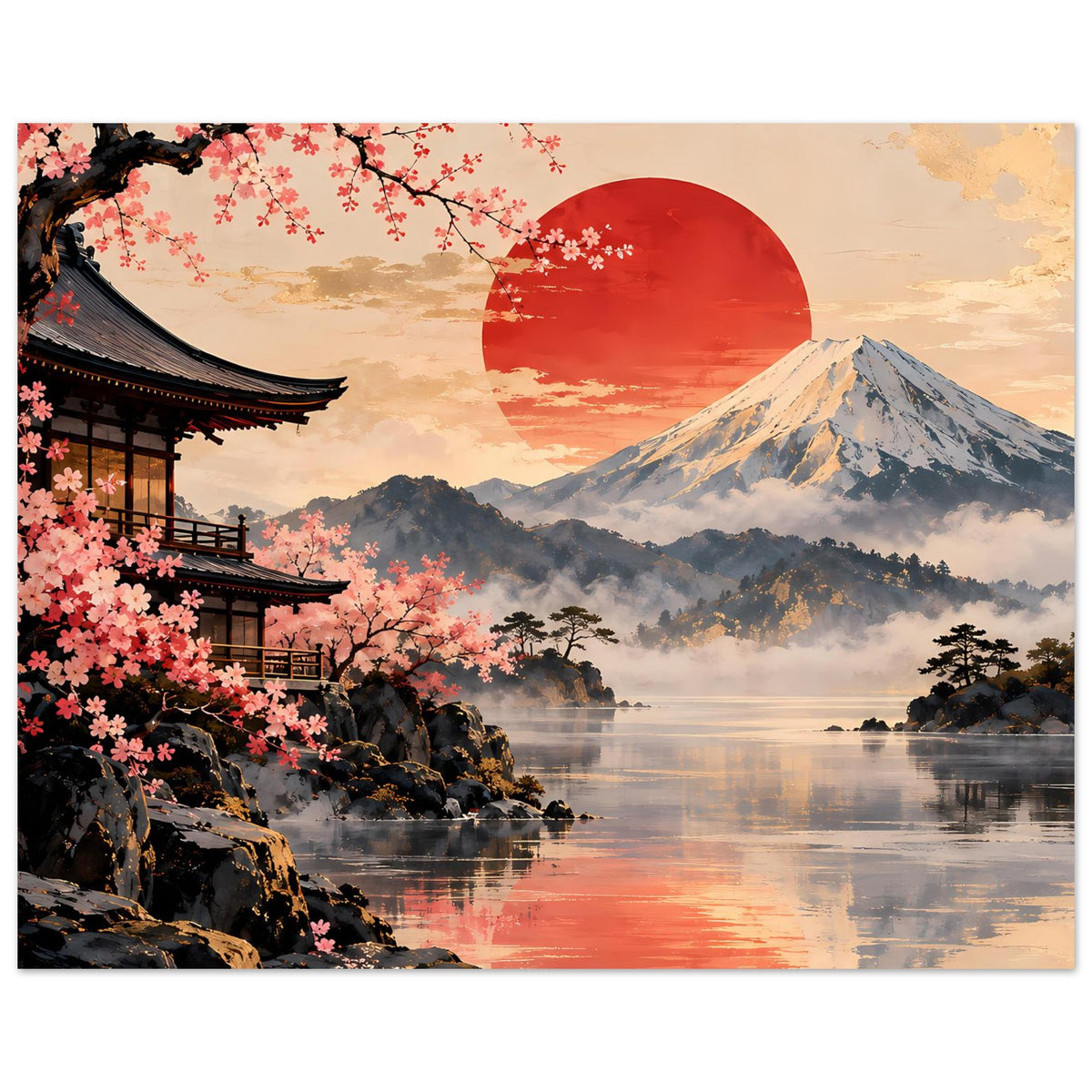 Zen-Serenity-Poster: japanische Landschaft mit Kirschblüten, Pagode, Berg Fuji und Spiegelung
