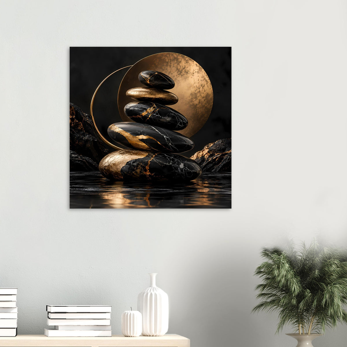 Wandposter: Zen-Steine mit goldenem Kreis und schwarzem, goldgeadertem Marmoreffekt