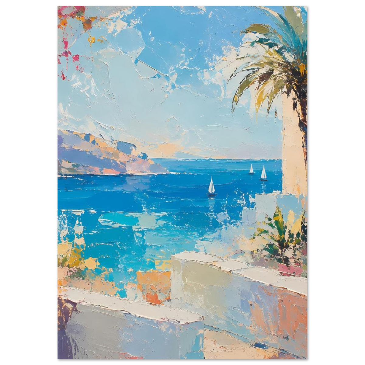 Vertikales Poster: Meer, Segelboote und Palme rechts vor einer hellen Terrasse
