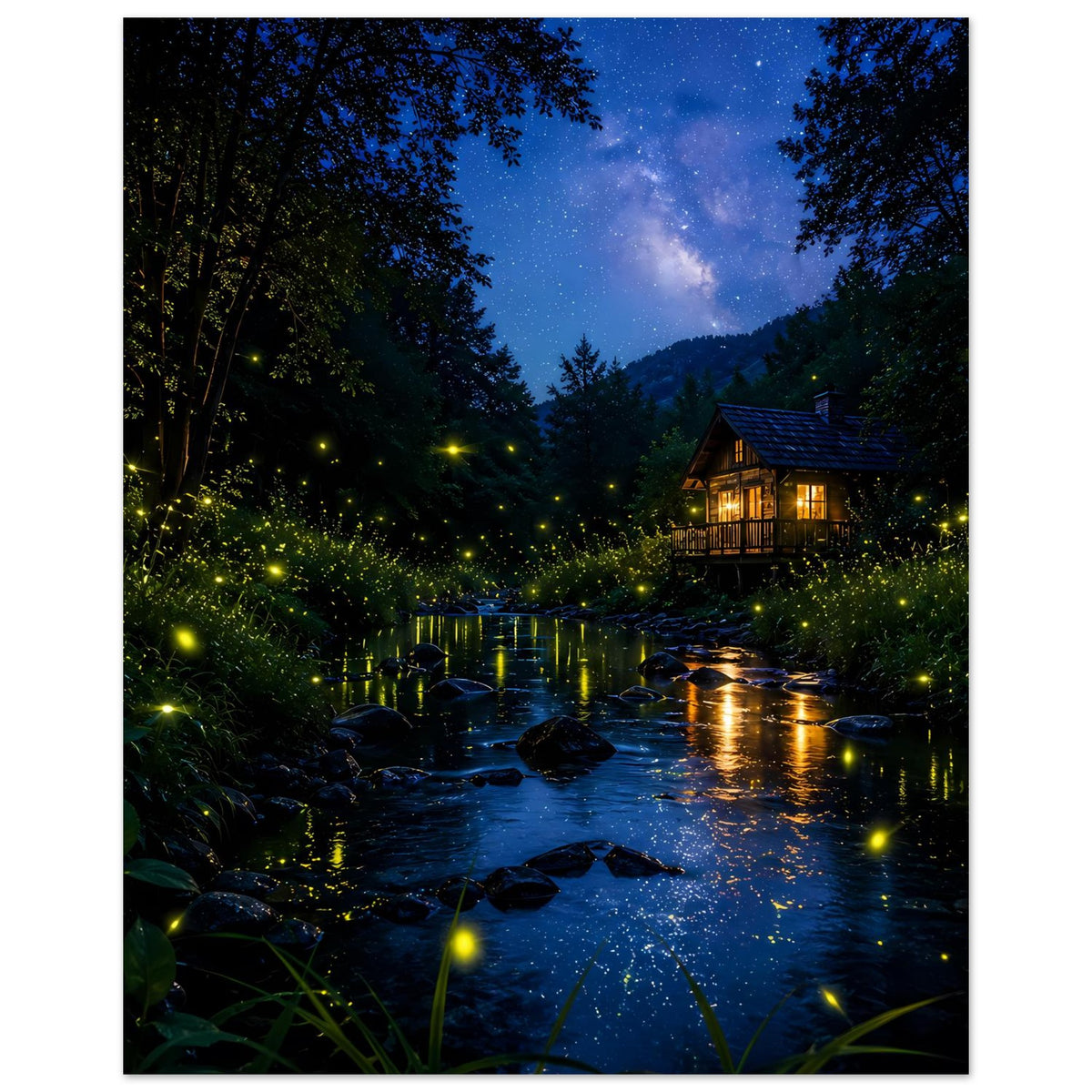 Waldposter mit leuchtenden Glühwürmchen über dem Bach und einem kleinen beleuchteten Haus
