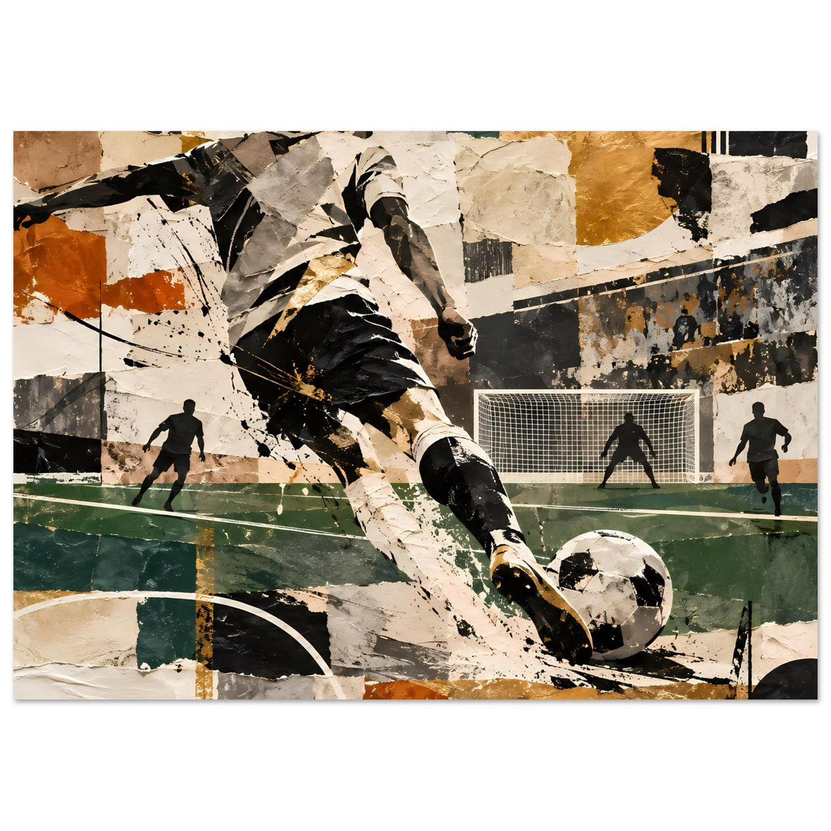 Horizontales Kunstposter: Fußballspieler in abstrakter Collage, Ball am Boden, schwarz-weiß-gold, Rahmen