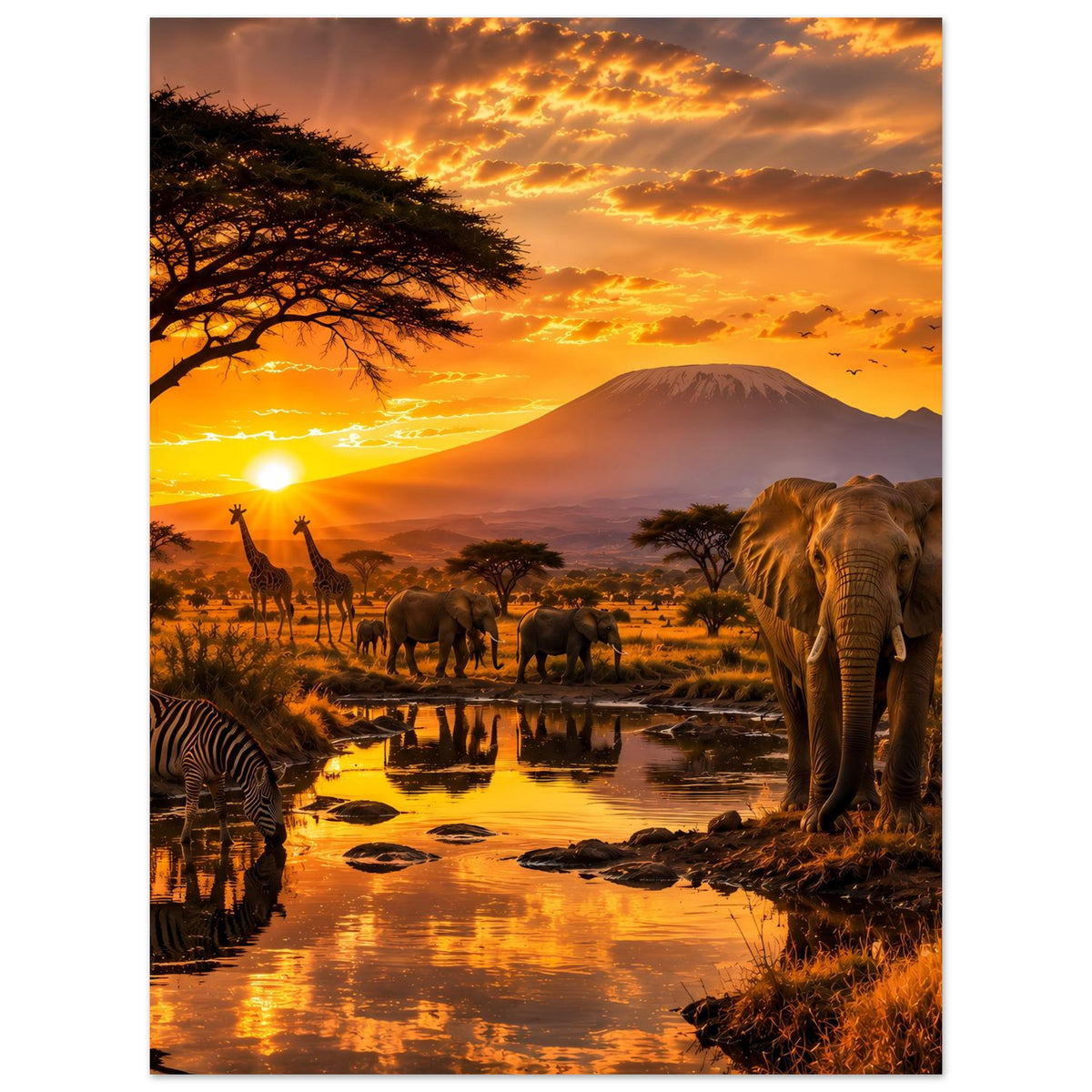 Poster mit afrikanischer Tierwelt: Elefant rechts, Zebras links, Flusslandschaft im Sonnenuntergang.