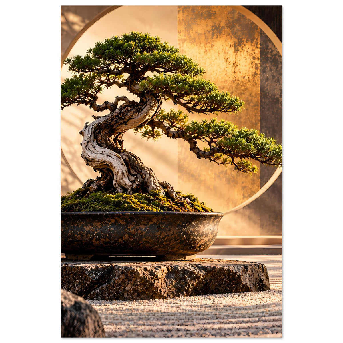 Poster mit Bonsai-Baum in dunkler Schale, goldener Kreis im Hintergrund, schwarzer Rand