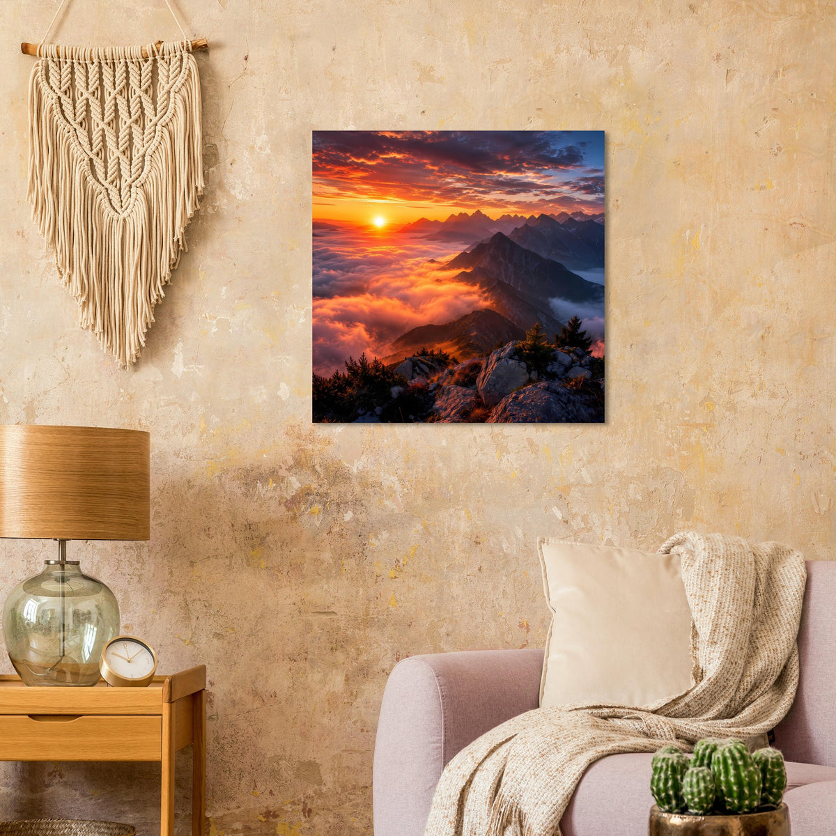 Wandposter mit Sonnenuntergang über Berggipfeln, quadratisch, blaue Umrandung