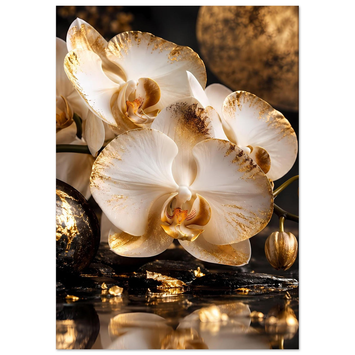 Orchideen-Poster zeigt weiße Orchideenblüten mit goldenen Rändern und funkelnden Details
