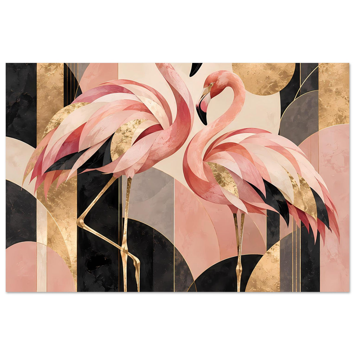 Zwei rosa Flamingos vor geometrischem Hintergrund mit Goldakzenten in Schwarz und Creme – Posteransicht 25