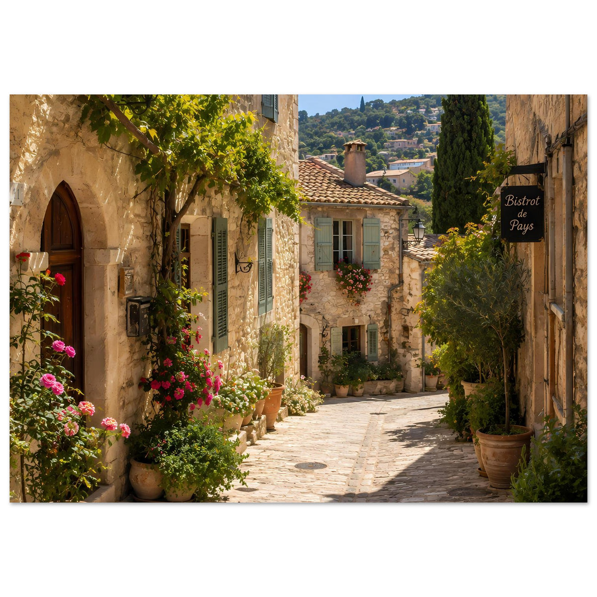 Provence-Poster mit Natursteingasse, Blumenbeeten, Zypressen und Fassadenhäusern