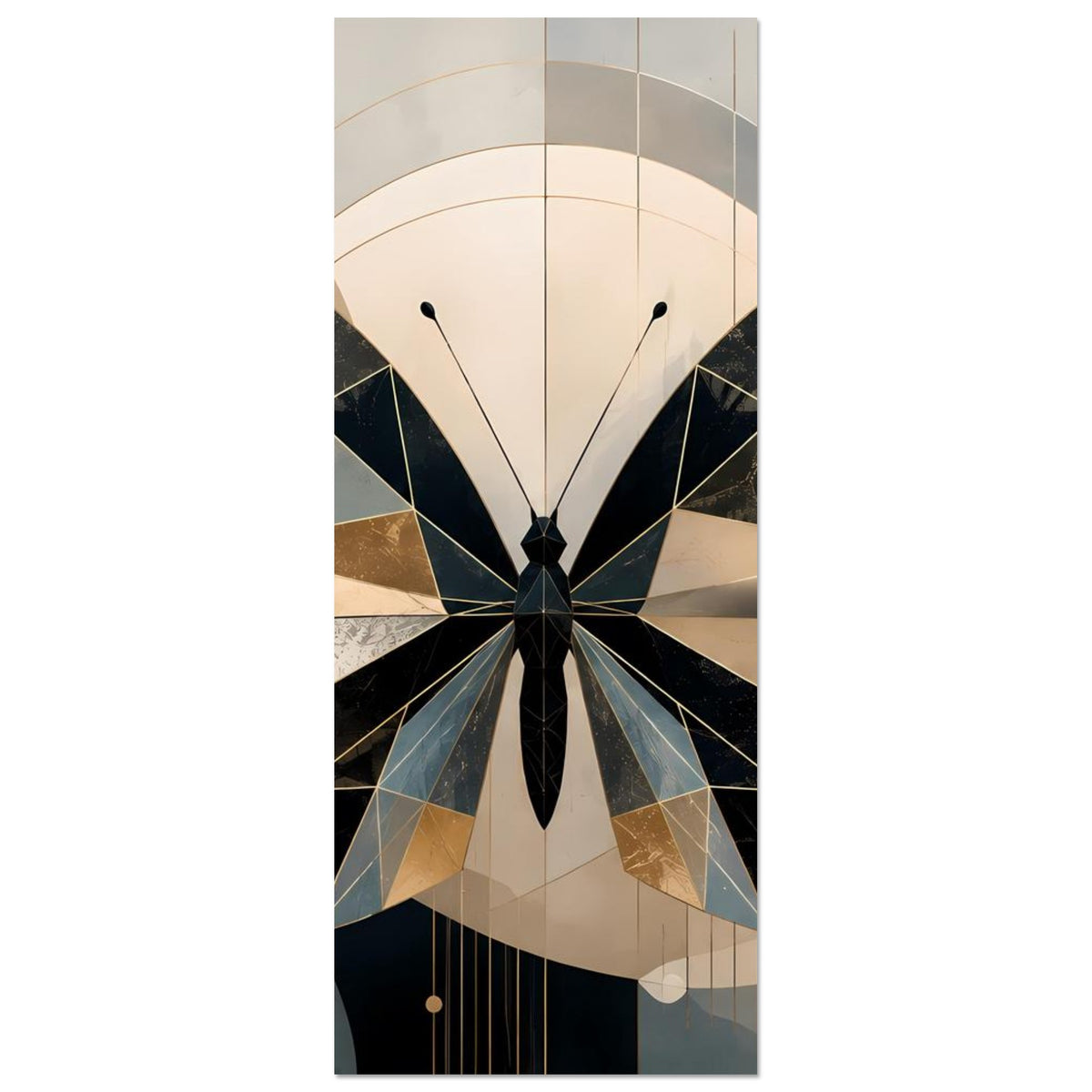 Geometrisches Schmetterlingsposter im Hochformat: schwarze Facetten, Petrol- und Goldflächen.