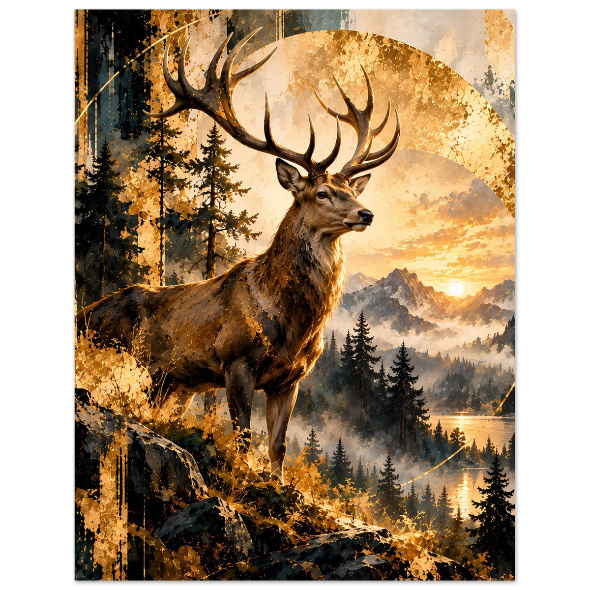 Poster mit Hirsch auf Felsen vor Wald und Bergen bei goldenem Himmel, im Rahmen