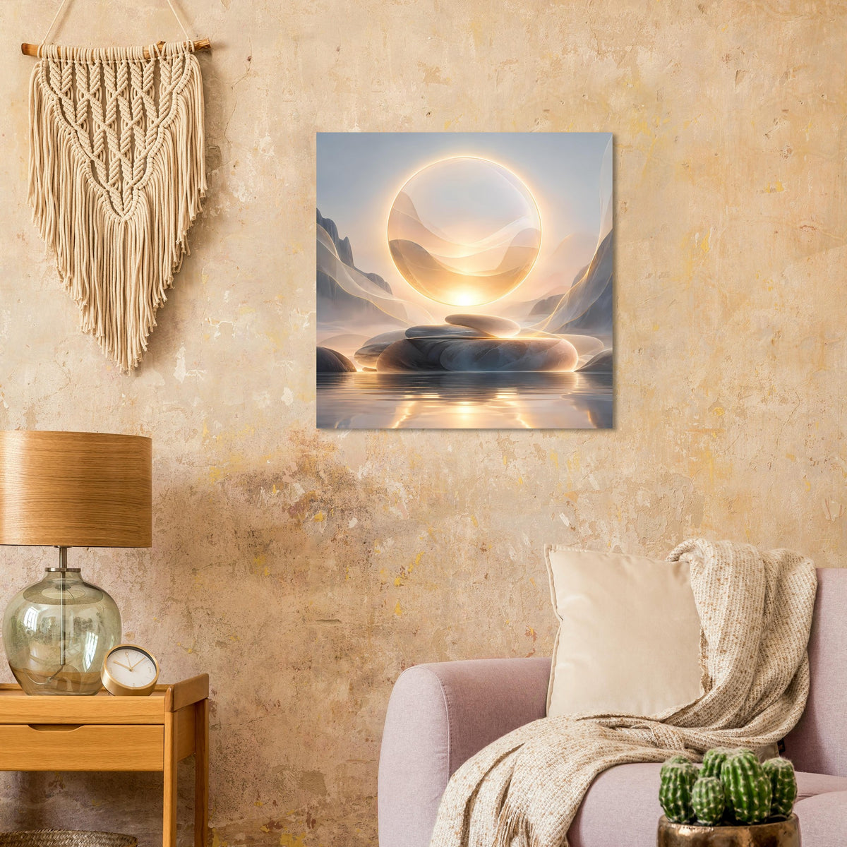 Kunstposter mit warmem Ringmotiv, steiniger Landschaft und leuchtenden Reflexionen
