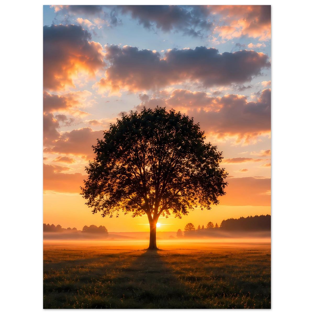 Vertikales Poster mit einsamem Baum bei Sonnenuntergang, orange Wolken und Morgennebel-Landschaft