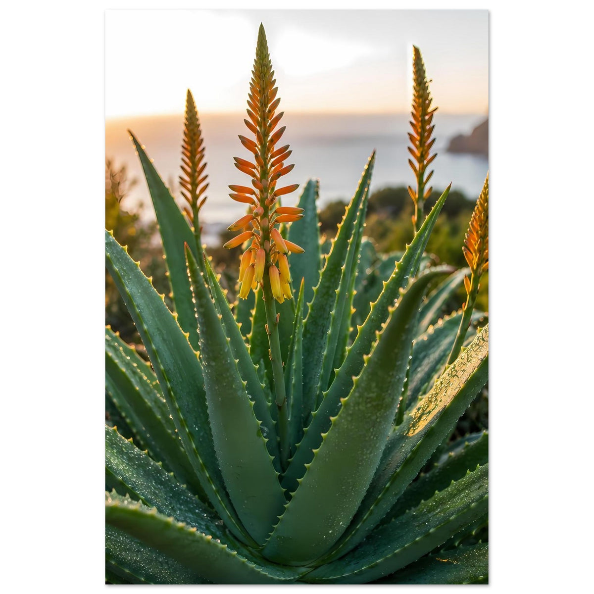 Poster mit Aloe-Vera-Pflanze und orangefarbenen Blüten, zentriert