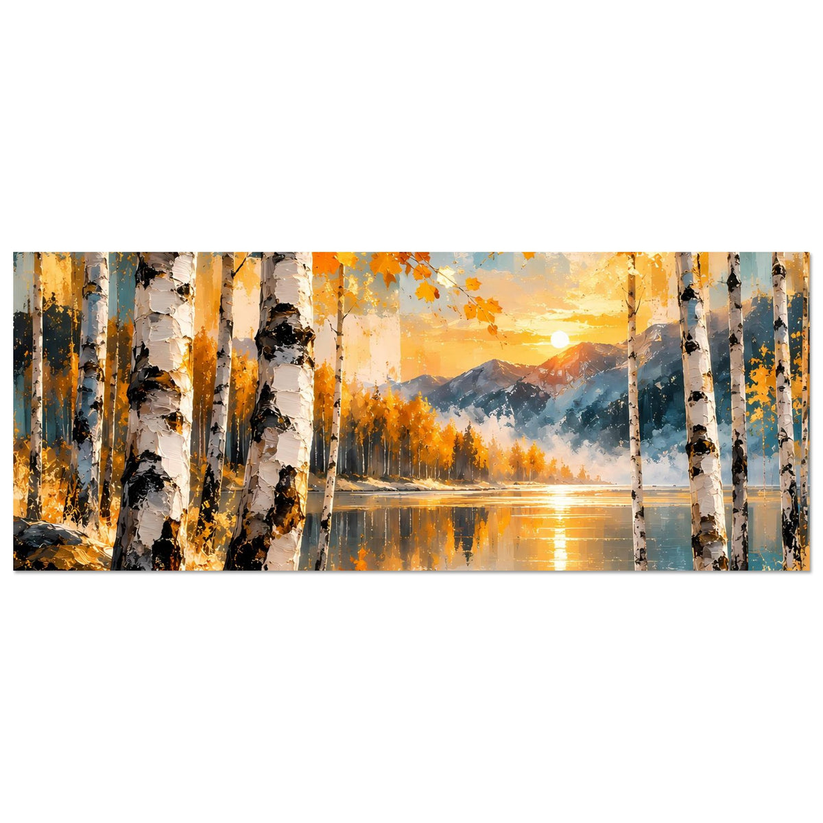 Herbstlandschafts-Poster (horizontal) mit Birken, See und warmem Sonnenlicht im Hintergrund