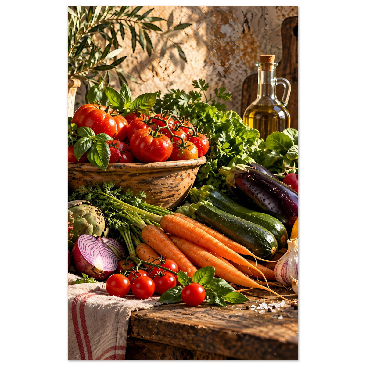 Küchenposter mit engem Hochformat-Ausschnitt: Tomaten, Karotten, Zucchini und Zwiebeln.