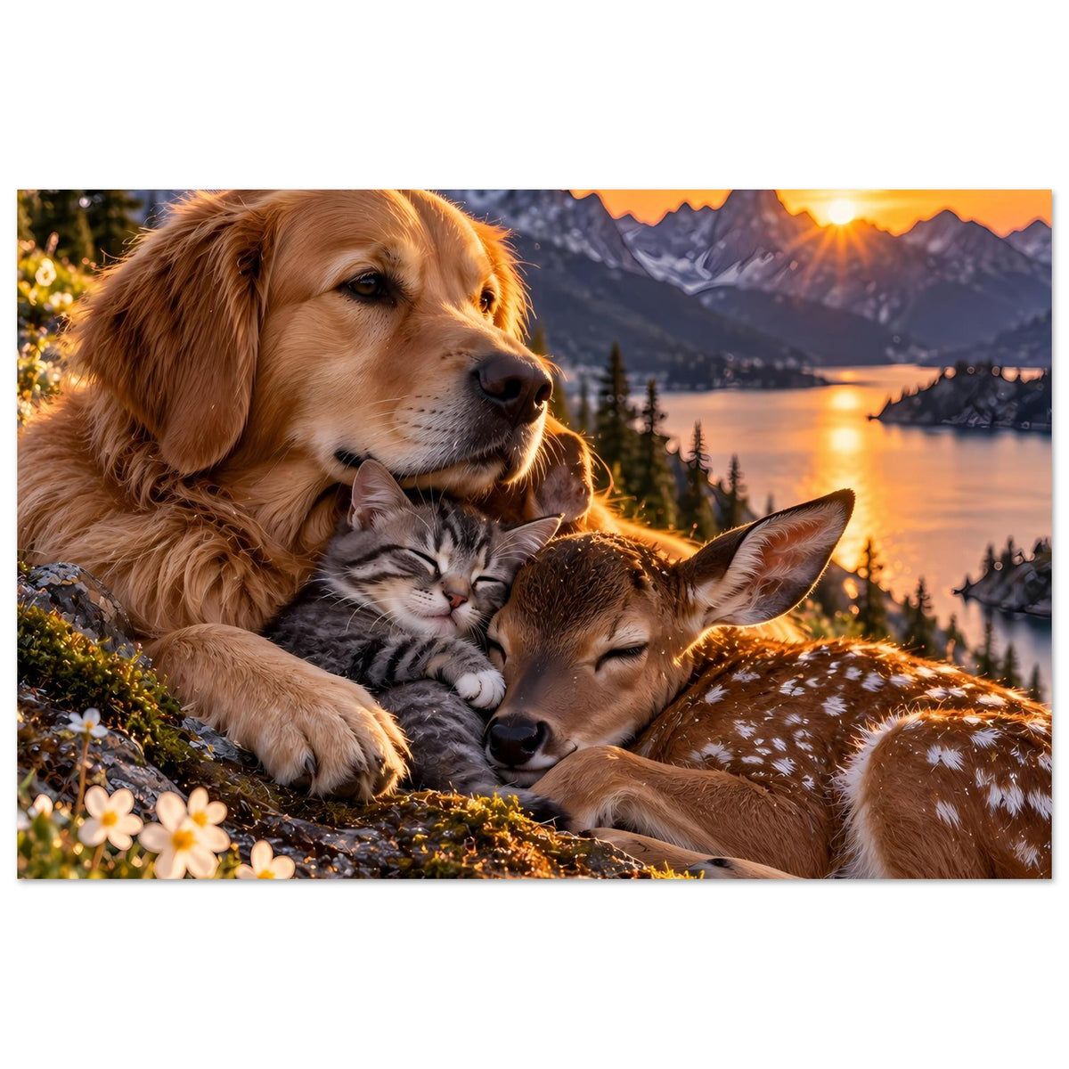 Querformat-Poster: Goldenfarbener Hund mit Katze und Reh, Szene bei orangefarbenem Sonnenuntergang
