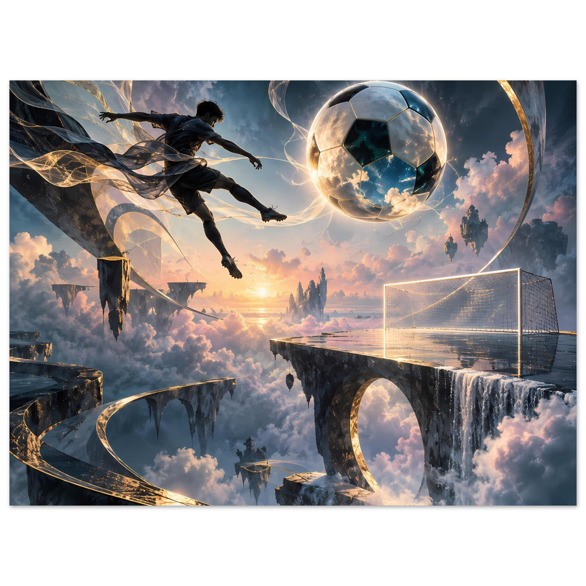 Futuristisches Fußballposter im Querformat: schwebender Ball und leuchtendes Tor