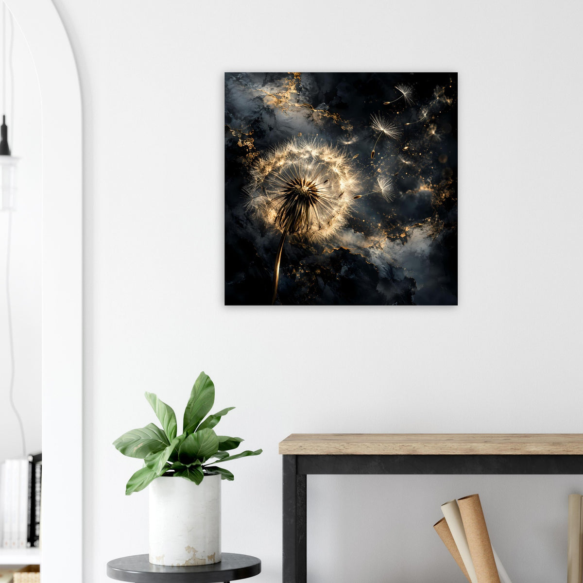Quadratisches Poster mit schwarzem Rahmen und gold-weißem Pusteblumen-Leuchten
