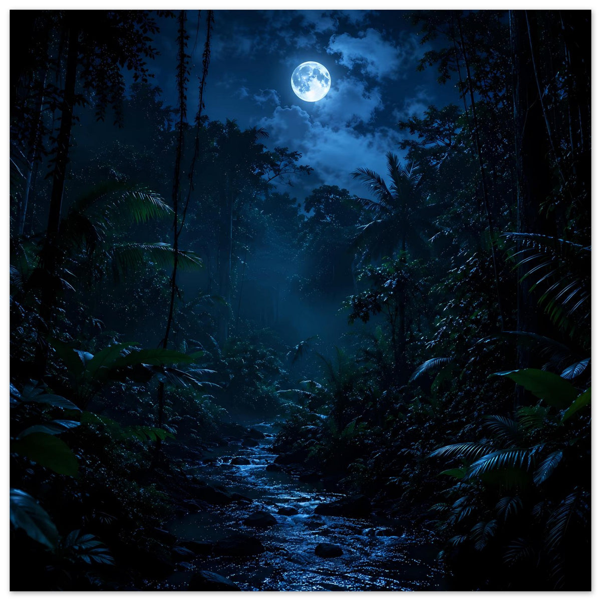 Nachtlandschaft-Poster: dichter Dschungel, schmaler Pfad und runder Mond am Himmel