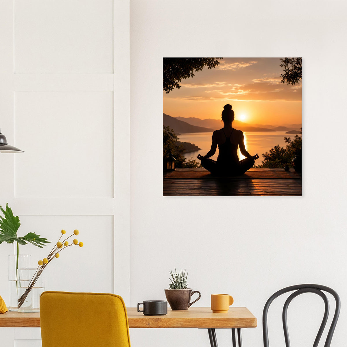 Quadratisches Meditationsposter mit Sonnenuntergangsszene und sitzender Meditationsfigur