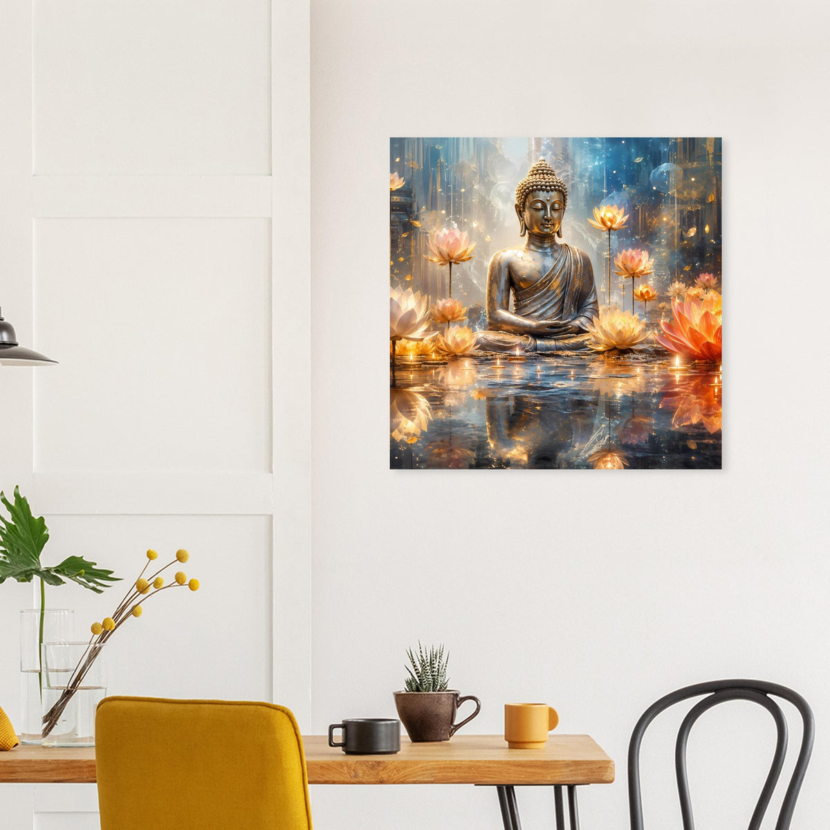 Quadratisches Buddha-Poster mit goldener Statue, Kerzenflammen und leuchtenden Lotusblüten