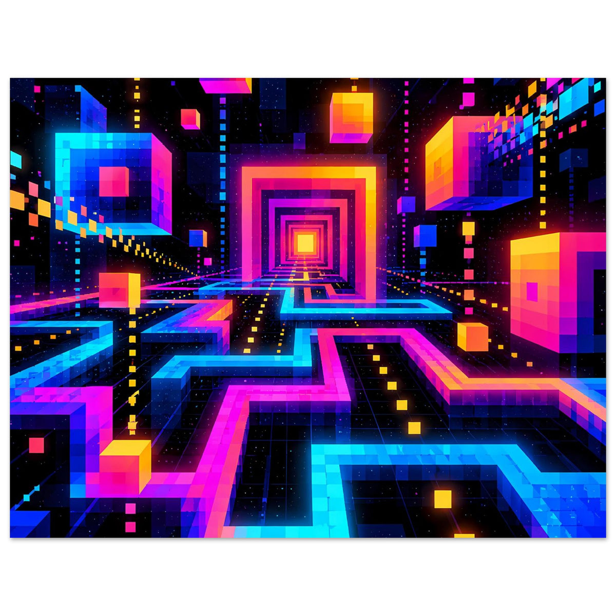 Science-Fiction-Labyrinth-Poster mit farbigen Neon-Gängen in Blau, Pink und Orange