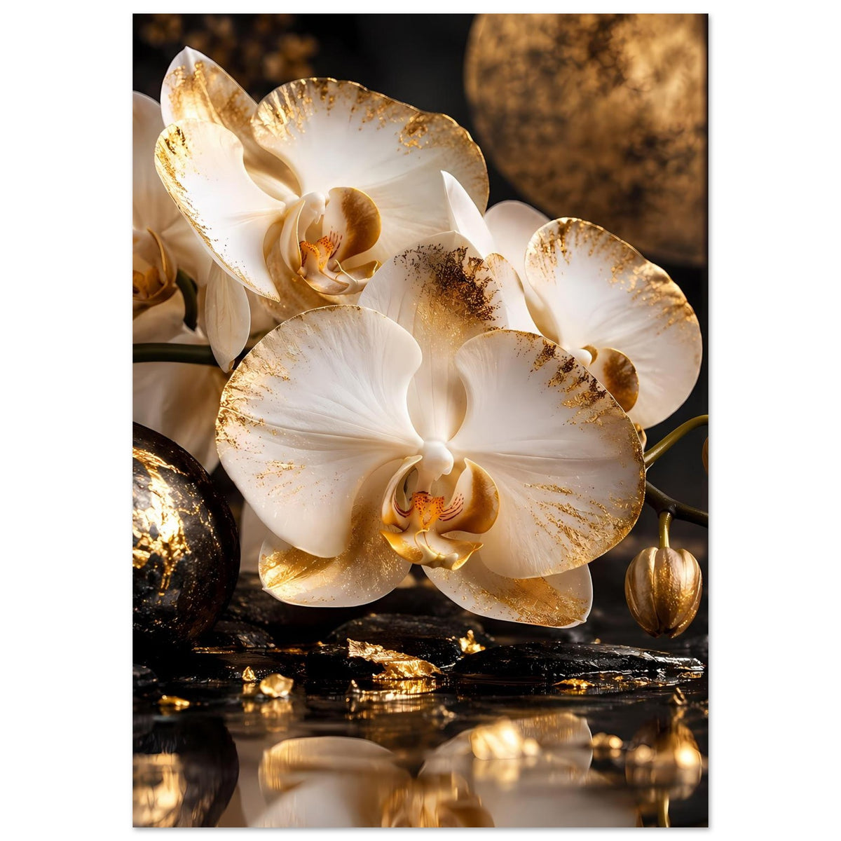 Poster mit großen weißen Orchideenblüten und goldfarbenen Akzenten vor dunklem Hintergrund