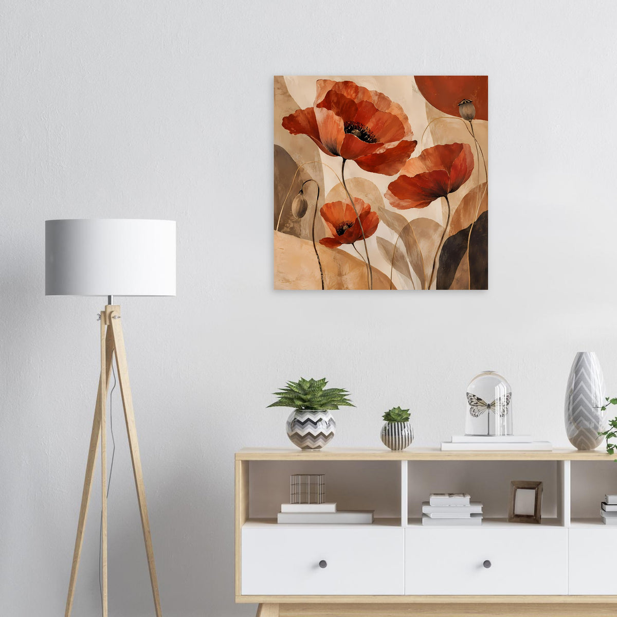 Poster mit roten Mohnblumen, Stielen und botanischen Formen auf beigem Hintergrund