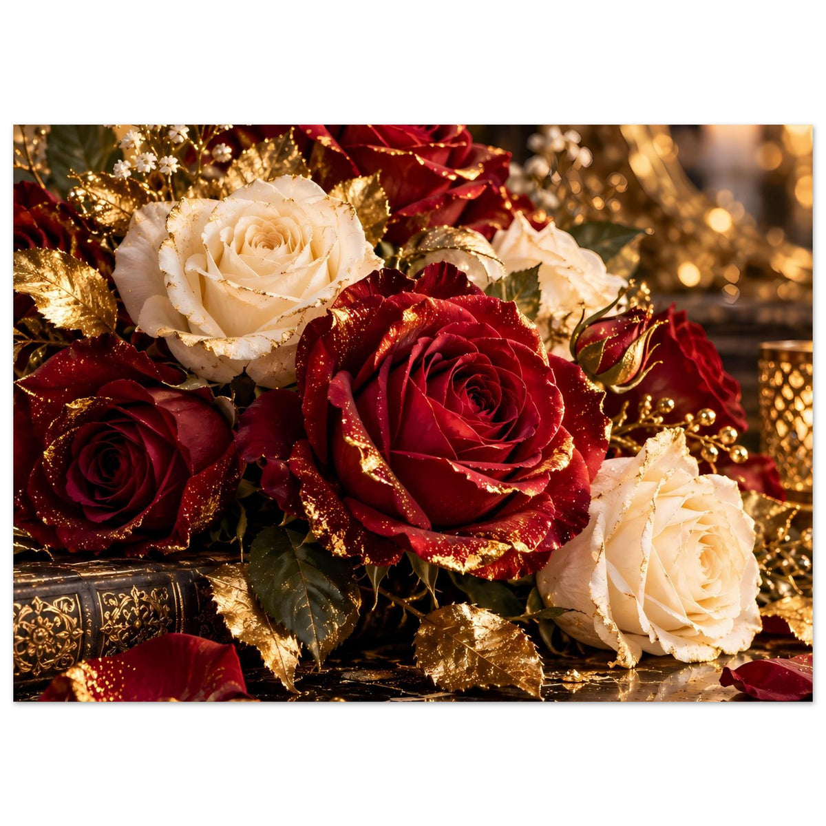 Poster: Rosenstrauß in Bordeauxrot, Cremeweiß & Gold, naher Blick auf drei Rosen