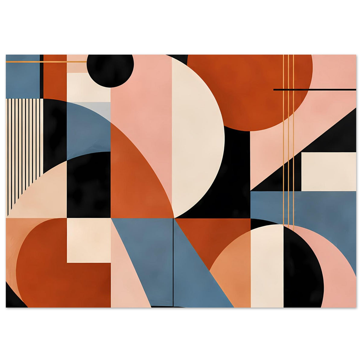 Abstraktes Geometrie-Poster mit überlappenden Kreisen und Streifen in Terrakotta, Blush und Blau