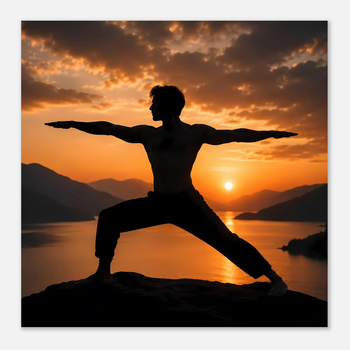Yoga-Poster: Silhouette in Kriegerpose beim goldenen Sonnenuntergang, Querformat