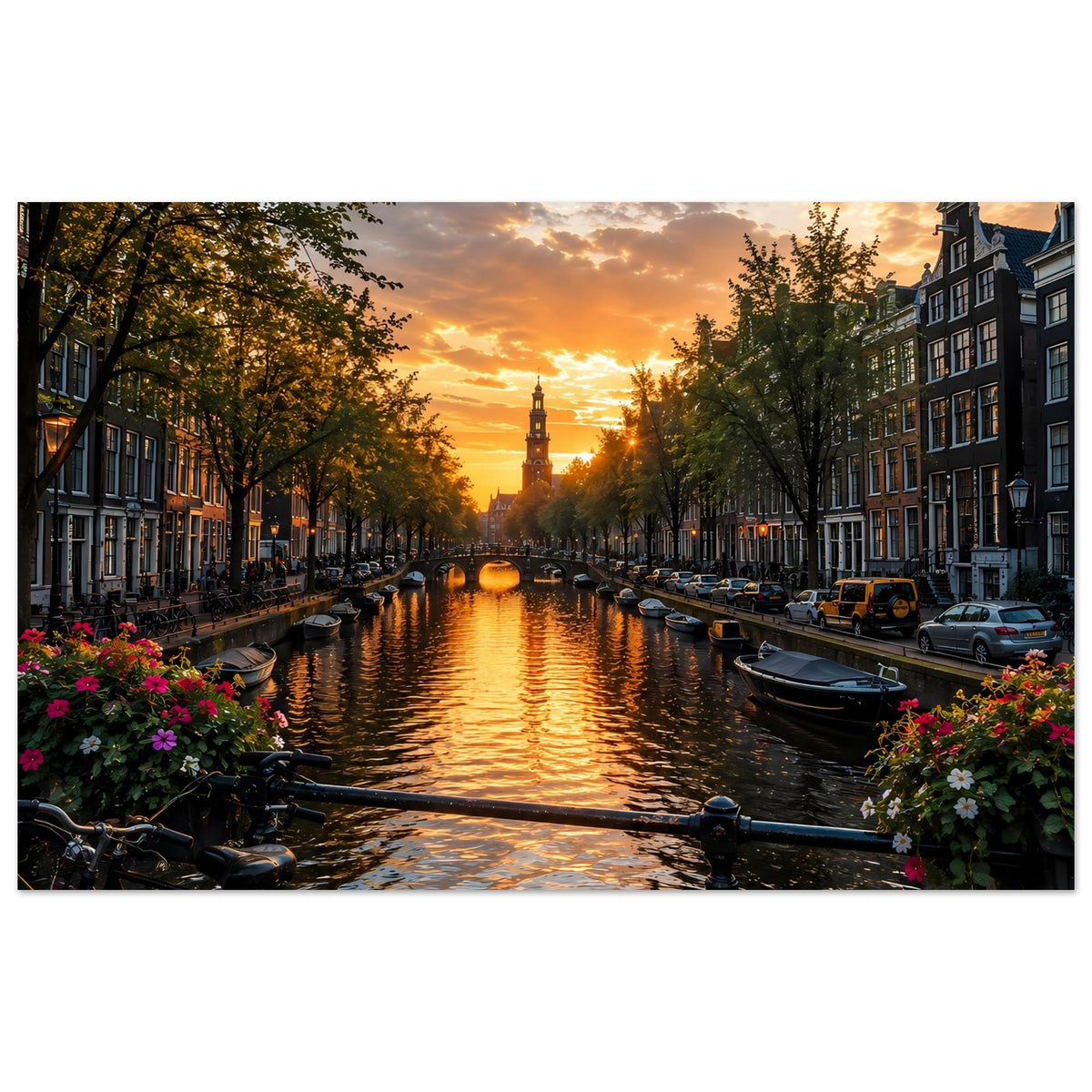 Horizontales Poster mit Sonnenuntergang am Amsterdamer Kanal, Fluss, Häuser und Boote