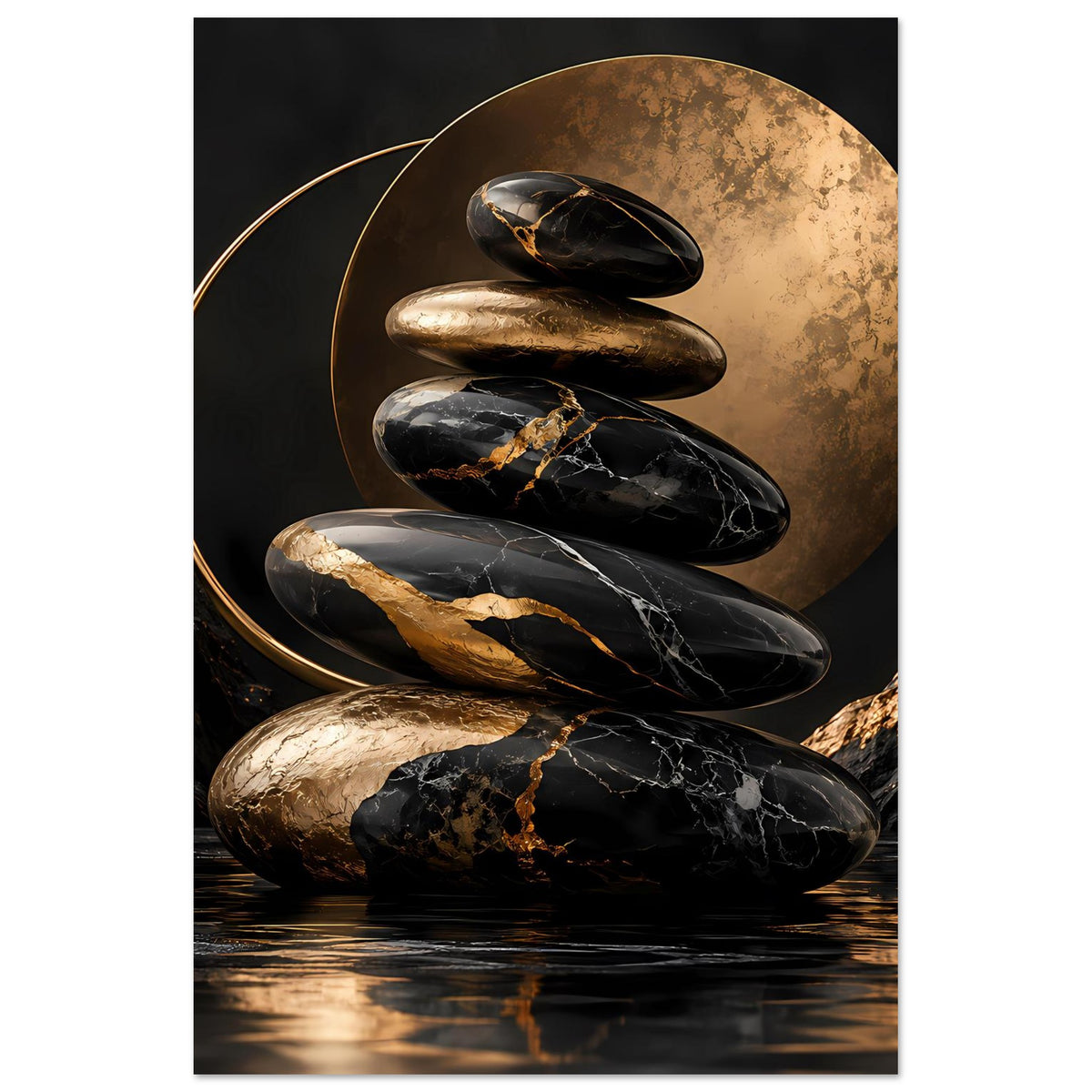 Wandposter im Hochformat mit Zen-Steinen, goldenem Kreis und dunklem Marmormuster