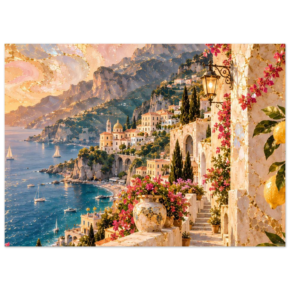 Mediterranes Küstenposter im Querformat: Meer, Boote und Bergdörfer mit Laterne