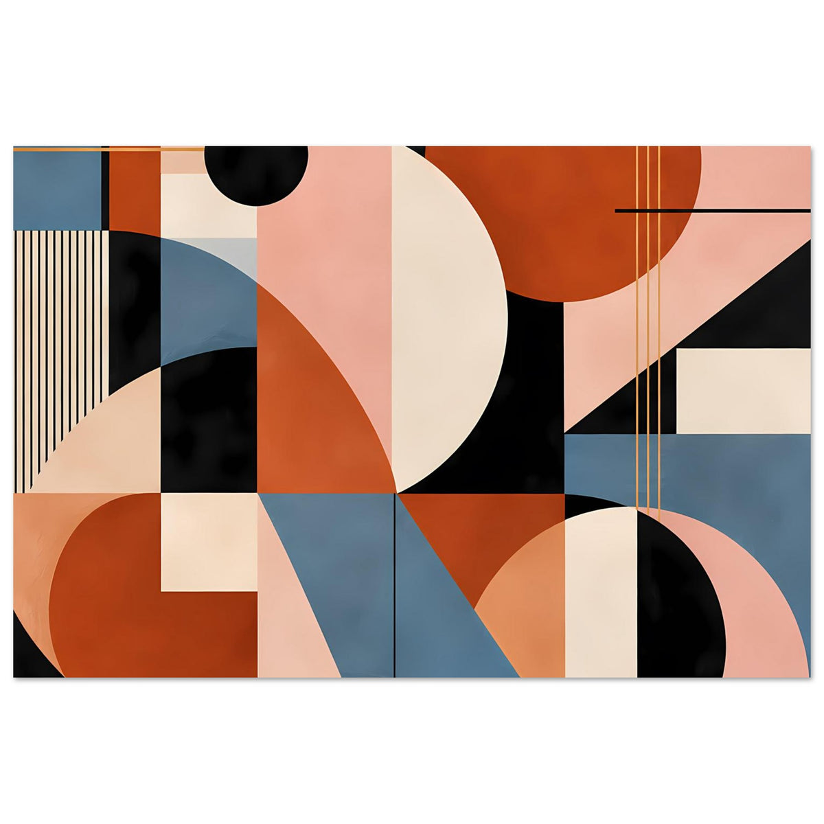 Abstraktes Poster mit geometrischen Flächen, Kreisformen und feinen Linien in Terrakotta und Blau
