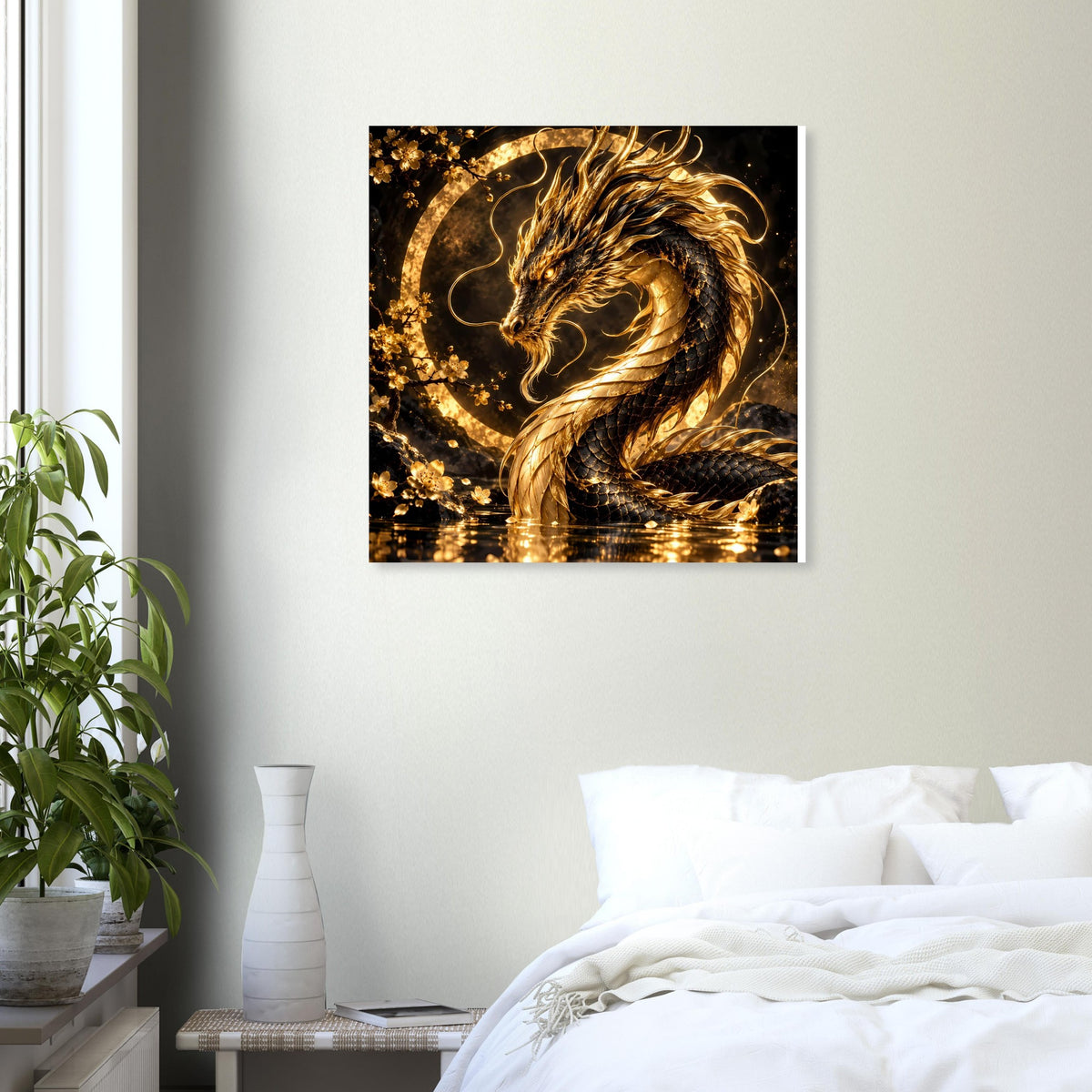 Kleines quadratisches Wandposter mit goldenem Drachen im Leuchtkranz