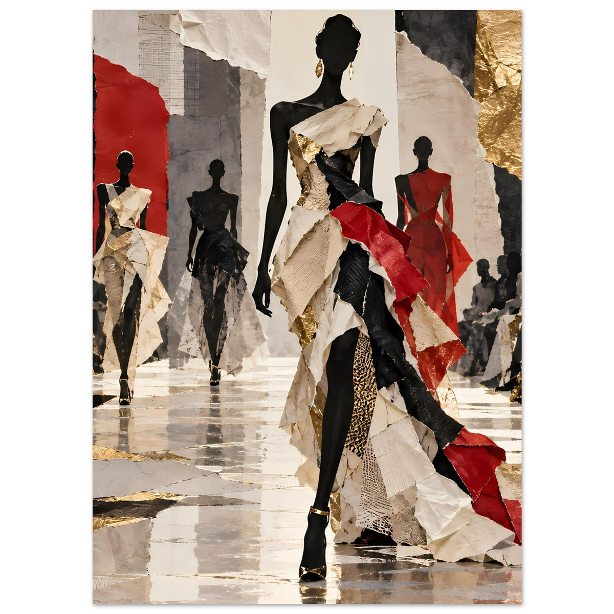 Mode-Poster im Hochformat mit Laufsteg-Silhouetten in Schwarz, Rot und goldenen Farbakzenten
