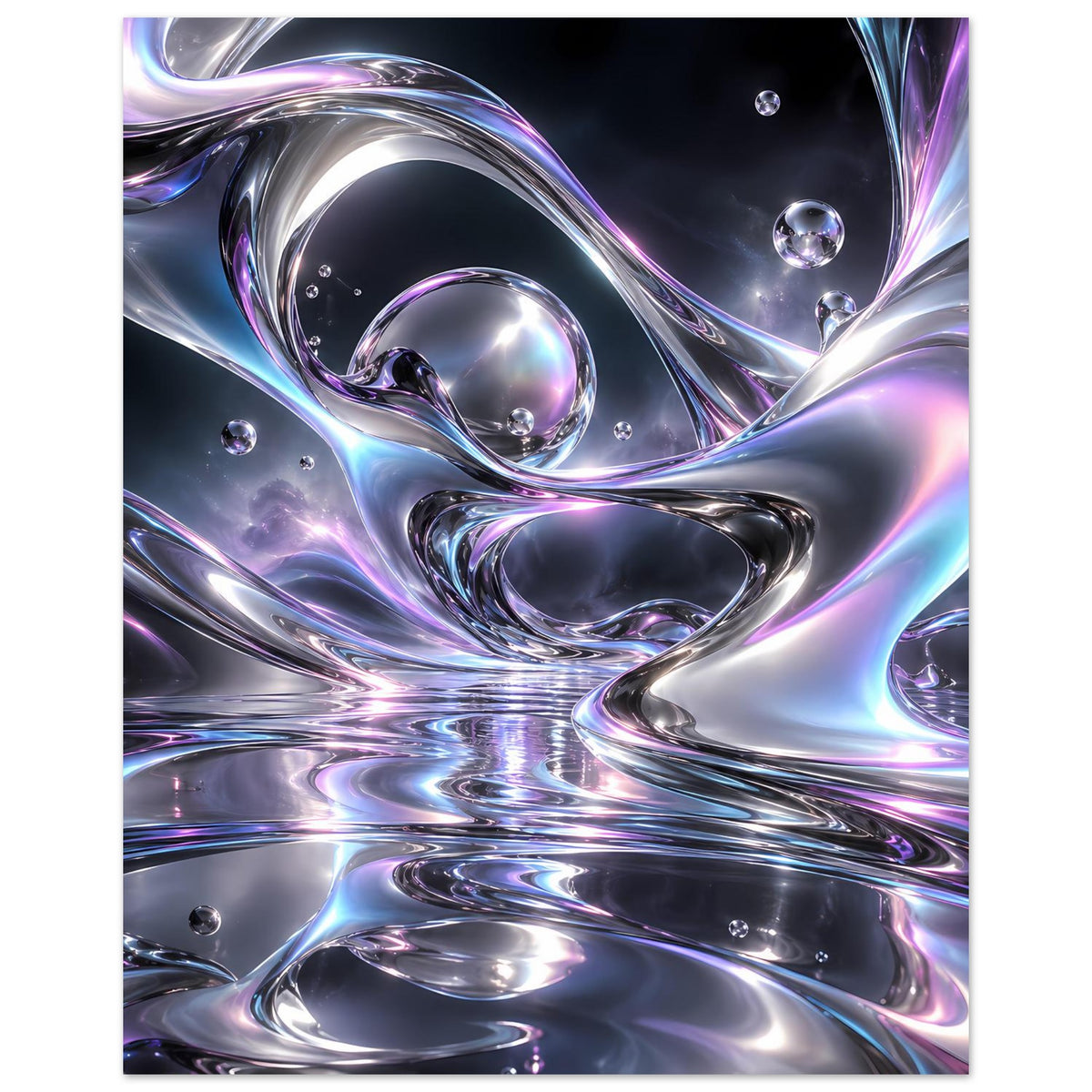 Poster im Hochformat mit silbrigem Chromwirbel, violetten Akzenten und Blasen
