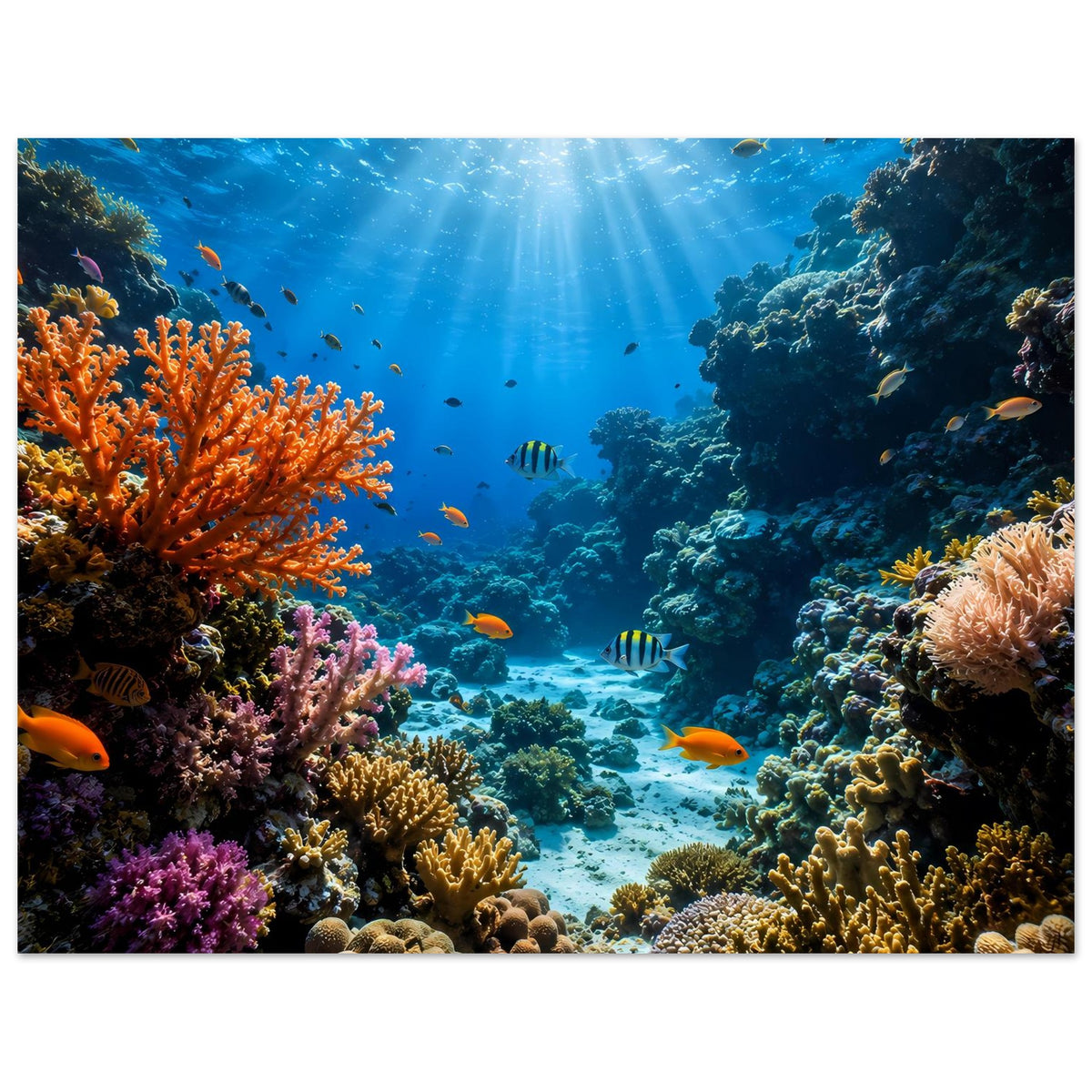 Unterwasser-Poster mit Korallenriffen, Fischen und blauem Sonnenlicht im Wasser