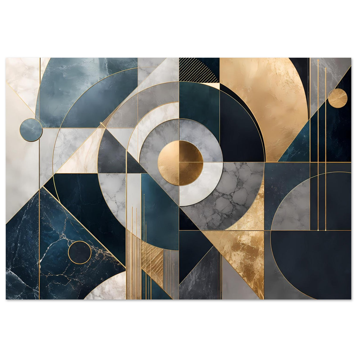 Geometrisches Kunstposter im Querformat mit abstrakten Segmenten, Kreisen und Golddetails