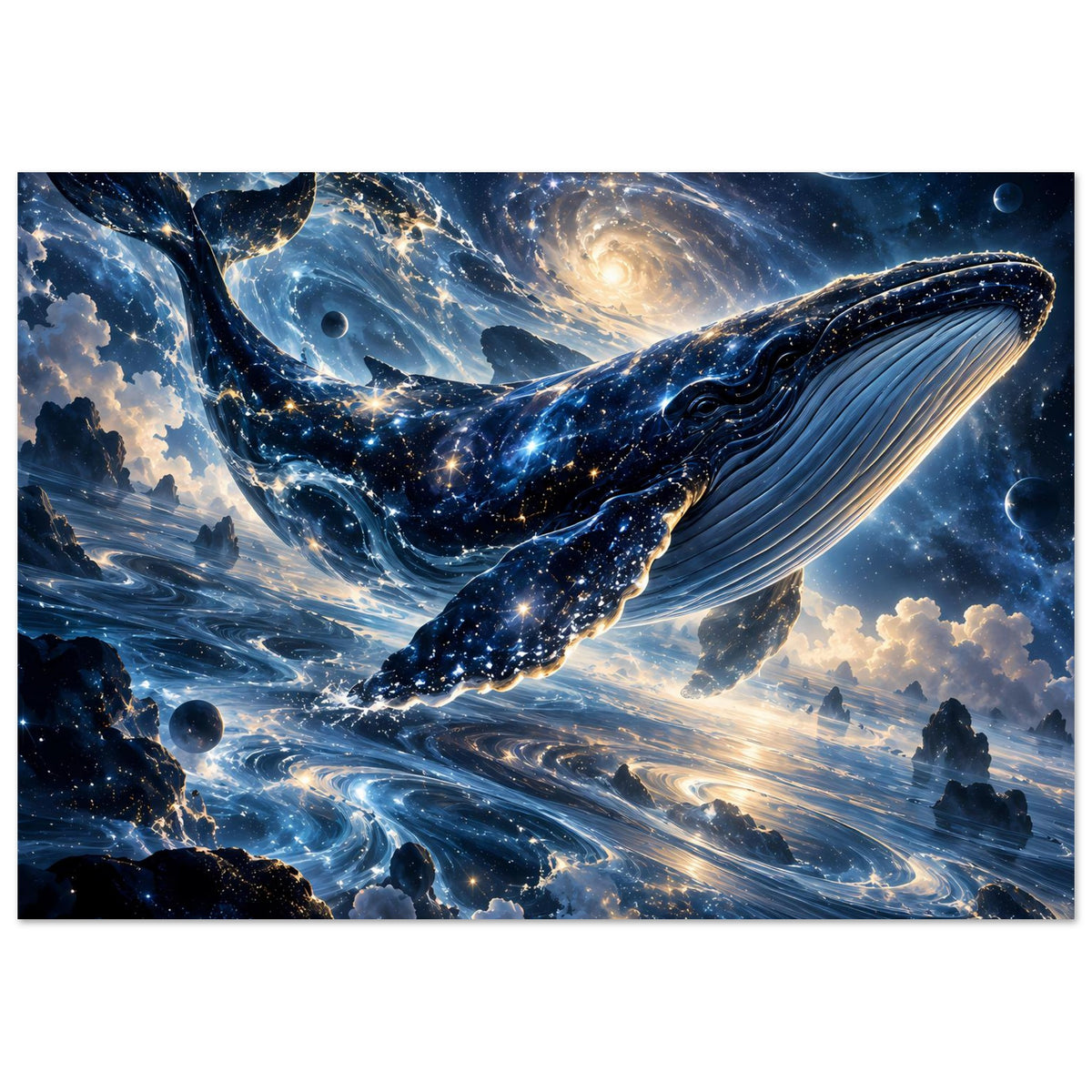 Kosmisches Fantasy-Poster mit galaktischem Wal, Sternen und Planeten in Blau-Glitzern
