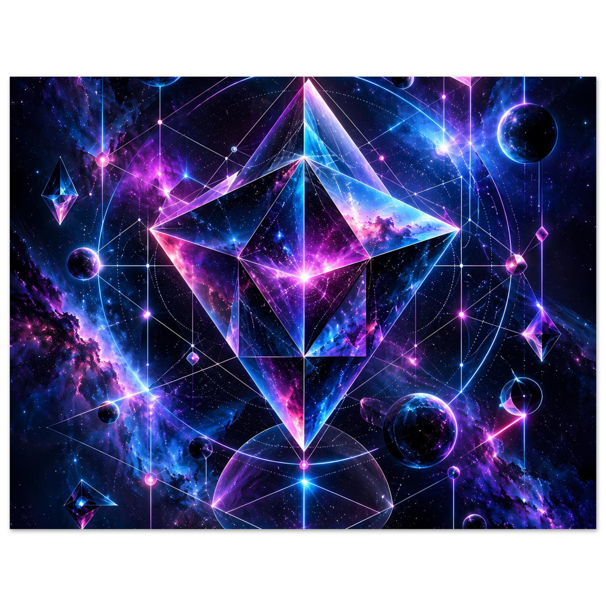 Horizontales Cosmic-Geometry-Poster mit geometrischem Sternmotiv, Planeten und lila-blauer Grafik