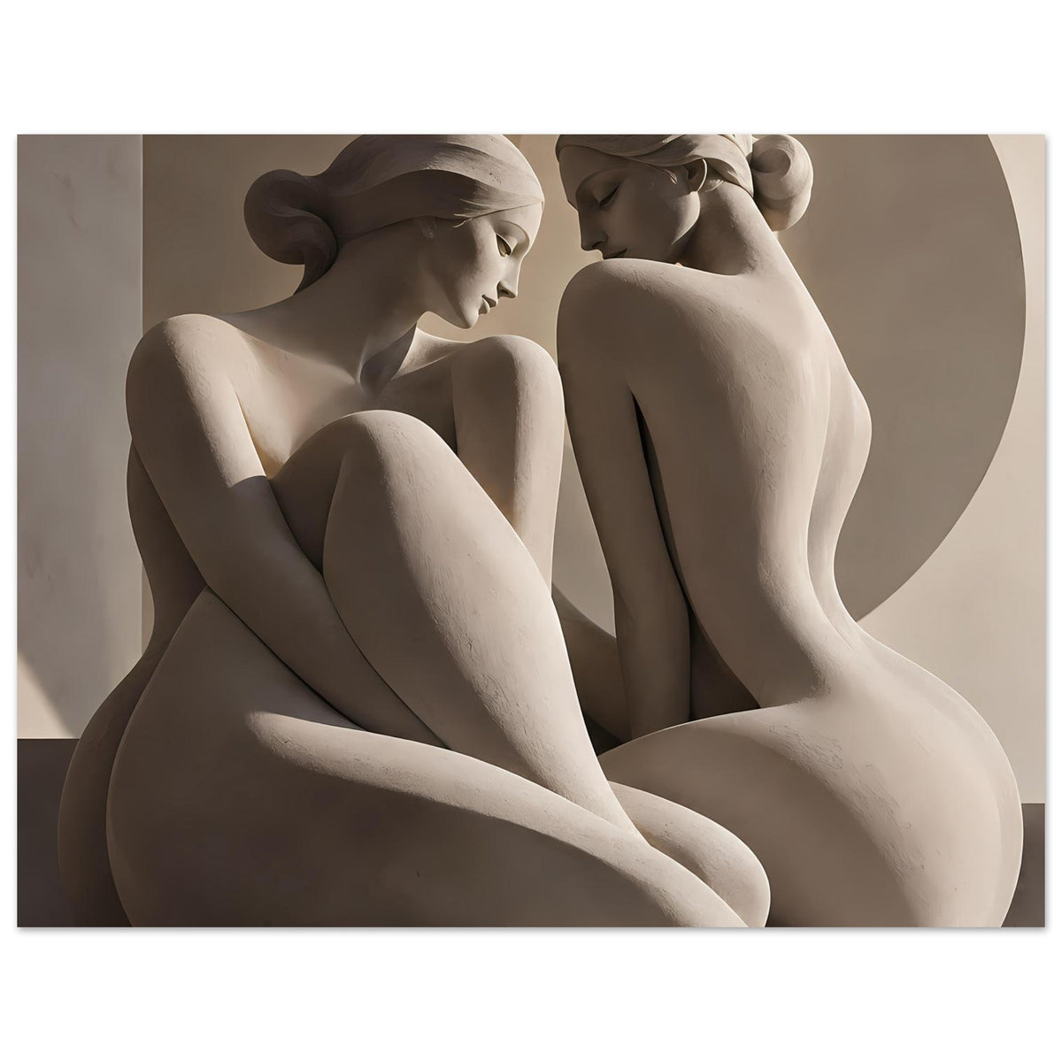Kunstposter: zwei Aktfiguren nebeneinander, cremefarbene Skulpturendarstellung