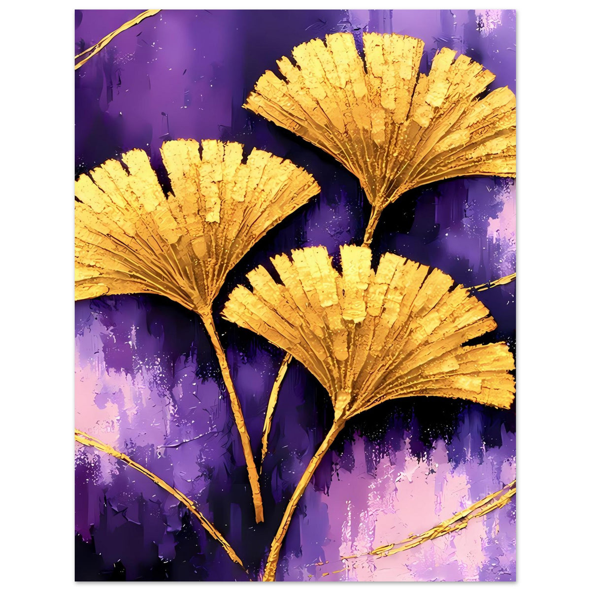 Vertikales Poster mit goldenen Ginkgo-Blättern auf violettem Hintergrund und dünnen Ästen