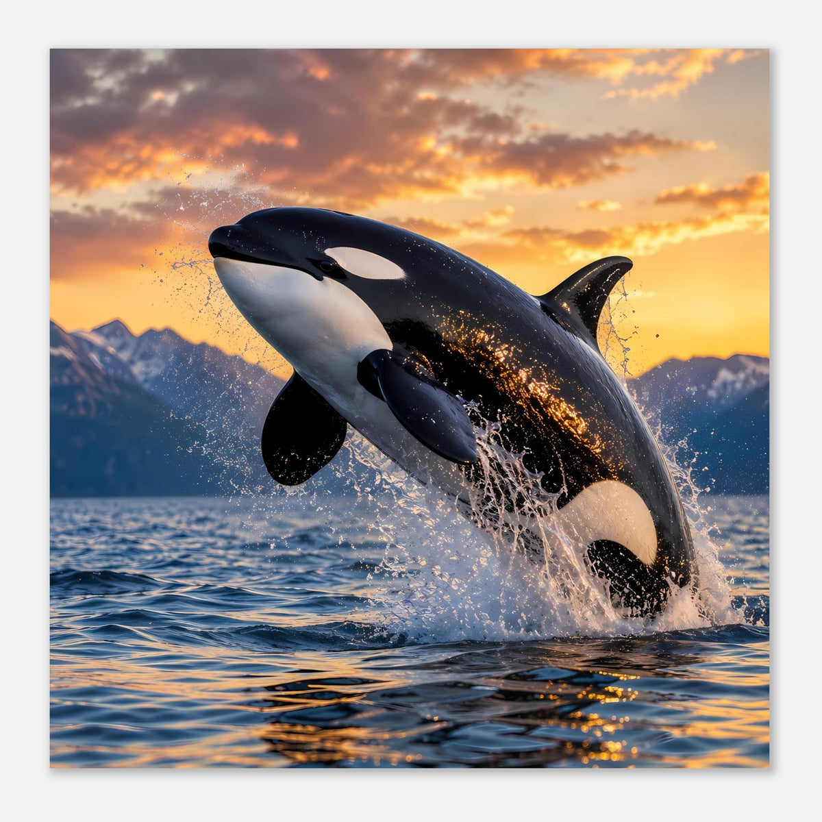 Poster mit springendem Orca, schwarze Flossen, helle Seiten, Gischt am Bug