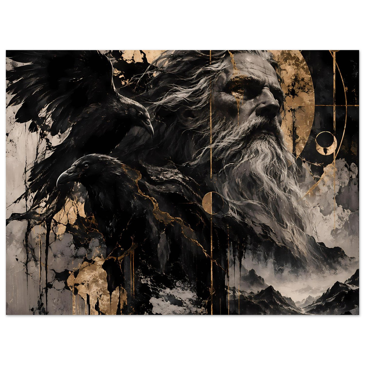 Poster im Querformat, Nahansicht: Odin-Gesicht mit Rabe, kräftige Schwarz-Grau- und Goldtöne