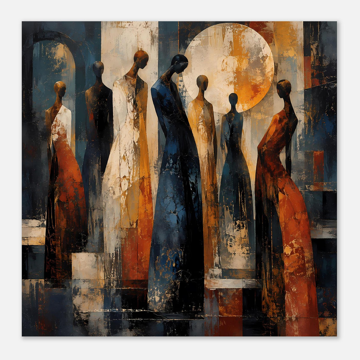 Kunstposter mit abstrakten Figuren, warmes Orange, Beige und Dunkelblau, großer Kreis rechts oben