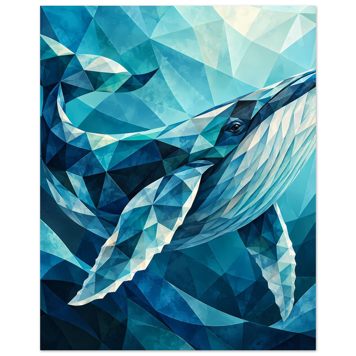 Geometrisches Blauwal-Poster im Hochformat, facettierter Blauwal mit Rückenflosse.