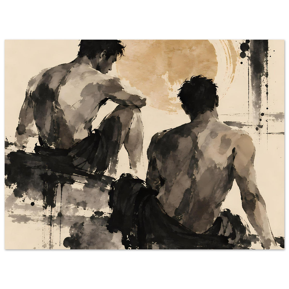 Kunstdruck mit zwei Figuren in Sepia, schwarzen Sprenkeln und geschwungenem Kreis